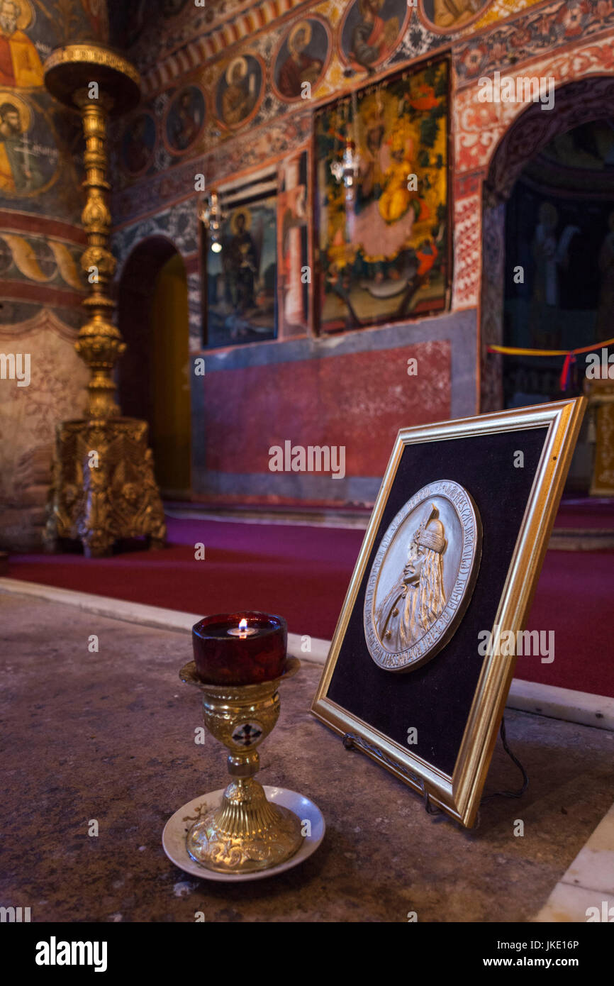 Romania, Bucharest-area, Snagov, Snagov Monastery, final tomb of Vlad Tepes, Vlad the Impaler, buried in the floor of the church Stock Photo