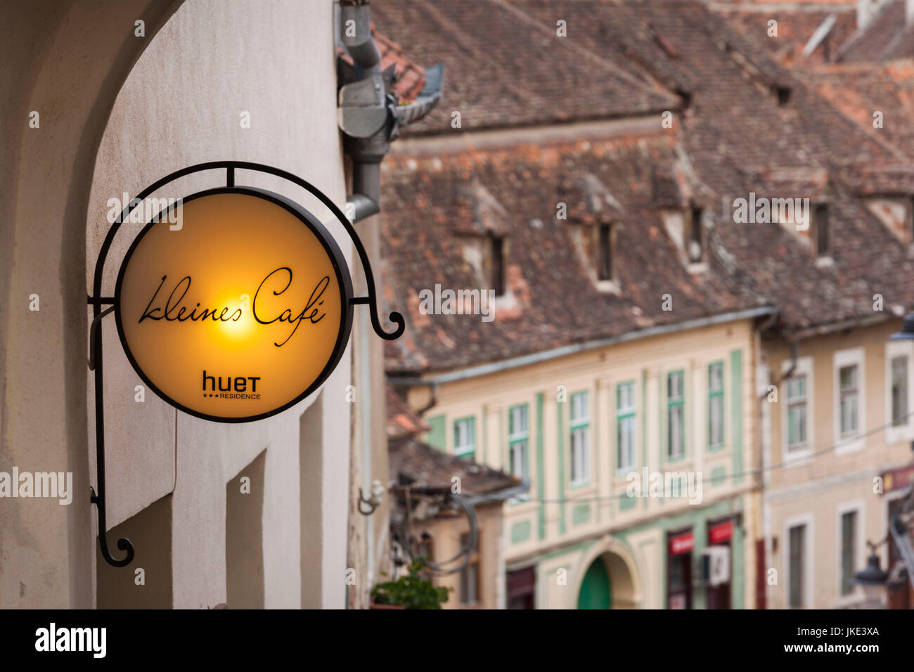 Romania, Transylvania, Sibiu, Piata Huet Square, sign for the Kleines