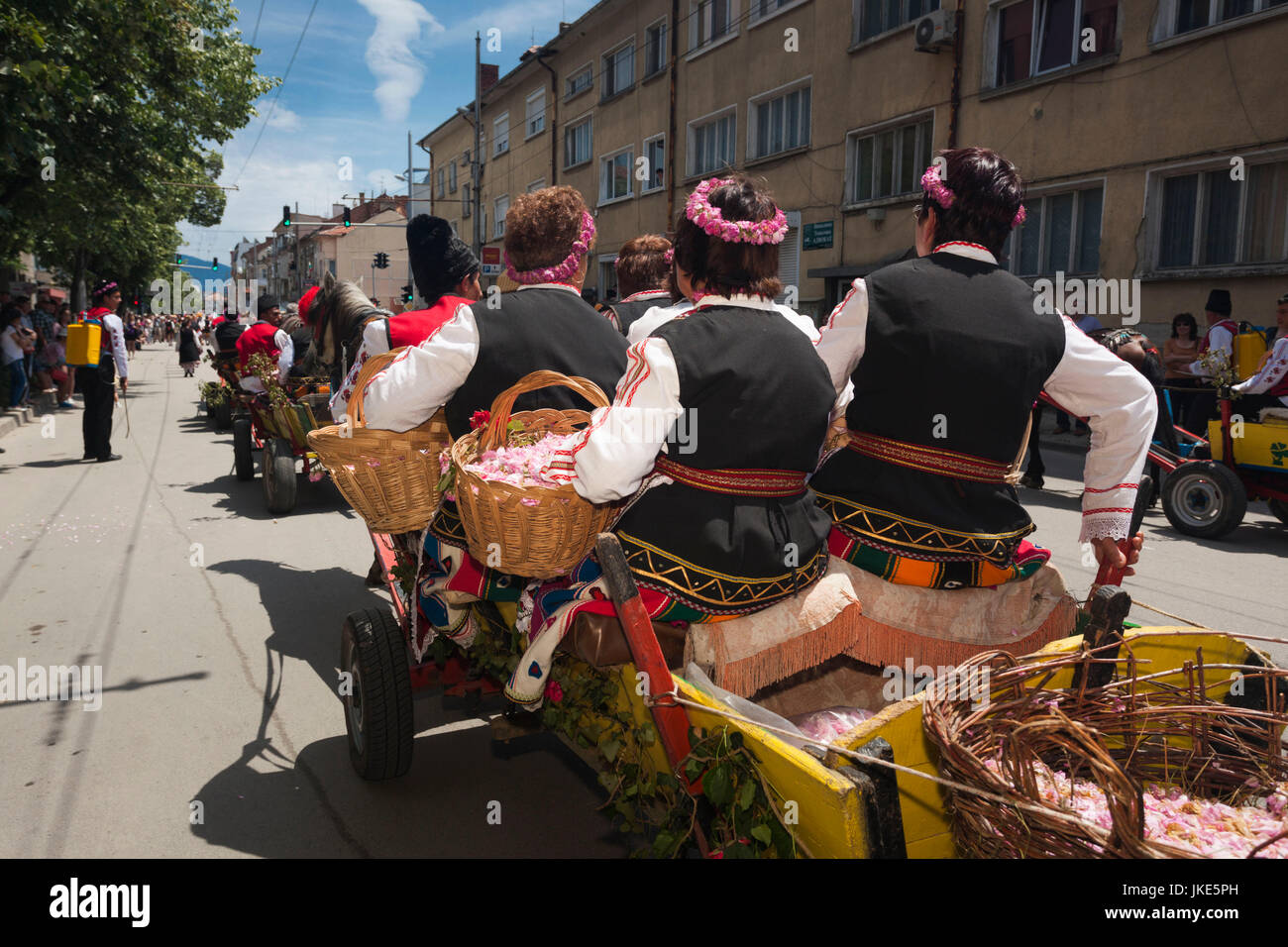 Bulgaria, Central Mountains, Kazanlak, Kazanlak Rose Festival, town produces 60% of the world's rose oil, Rose Parade, people in horse-drawn rose wagons, NR Stock Photo