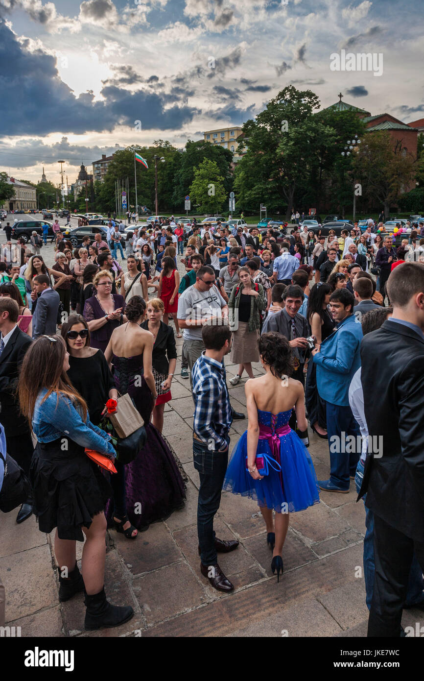 Bulgaria, Sofia, Ploshtad Alexander Nevski Square, Bulgarian students celebrating high school graduation, NR Stock Photo