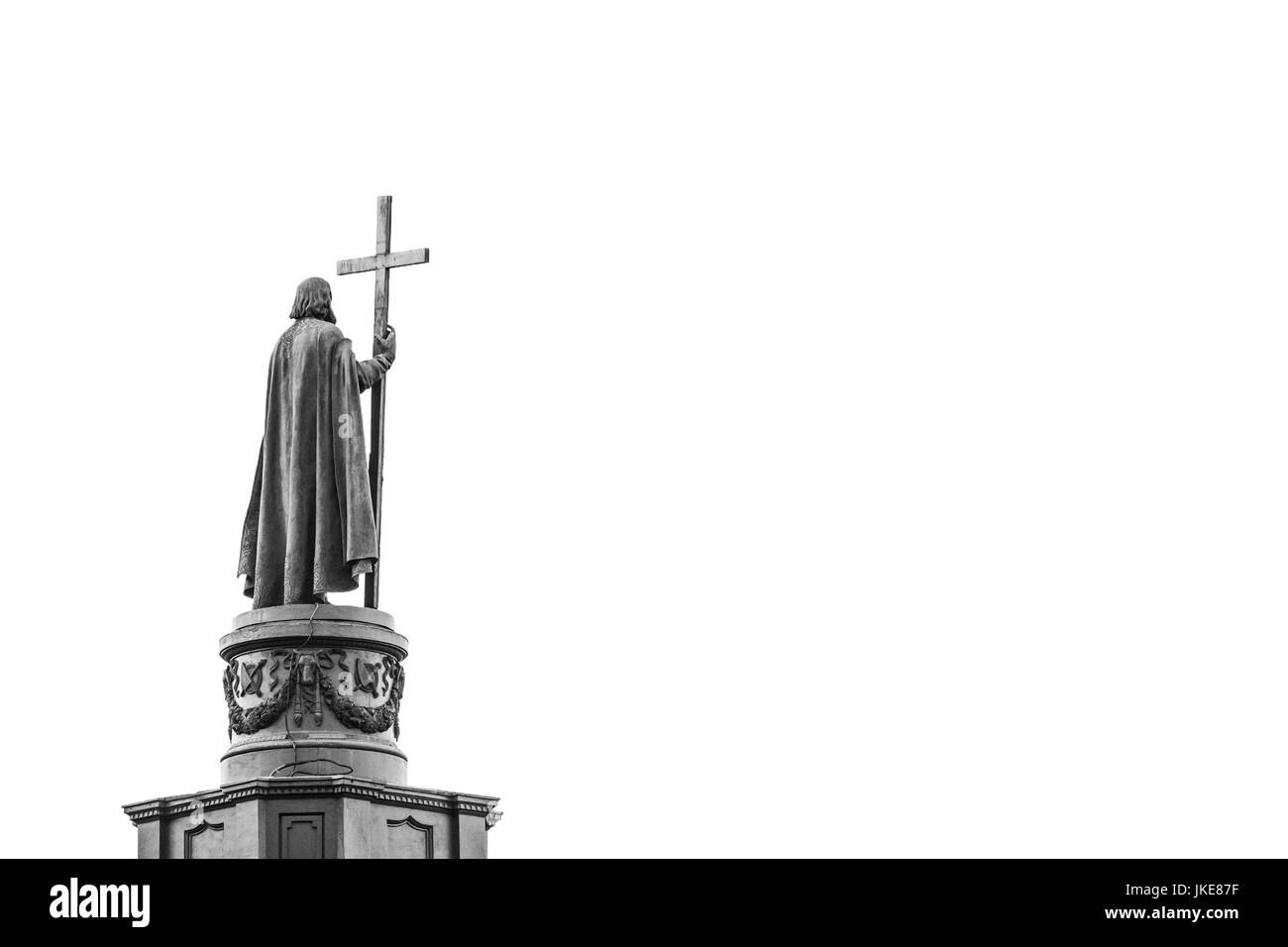 Statue of Vladimir The Great in Kiev, Ukraine, back view in black and white with copy space. Saint Vladimir is the baptizer of Kievan Rus Stock Photo
