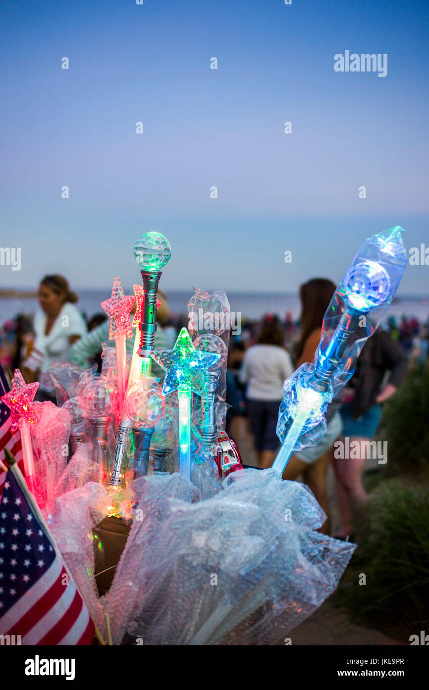 USA, Massachusetts, Cape Ann, Manchester By The Sea, Fourth of July, Independence Day Fireworks festivities on Singing Beach, beach toys Stock Photo