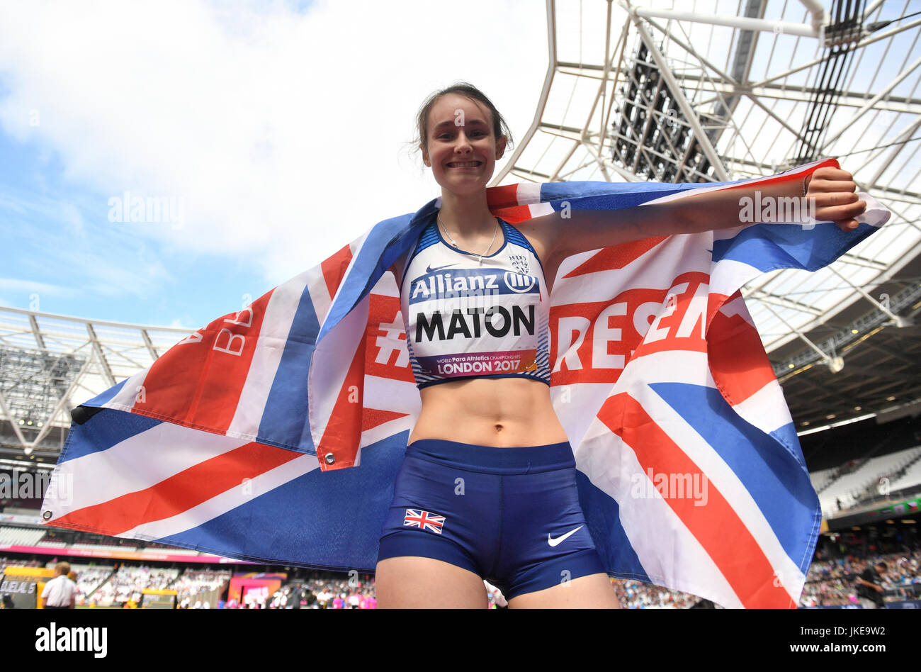 Great Britain's Polly Maton celebrates her silver medal in the Women's Long Jump T47 Final during day ten of the 2017 World Para Athletics Championships at London Stadium. Stock Photo