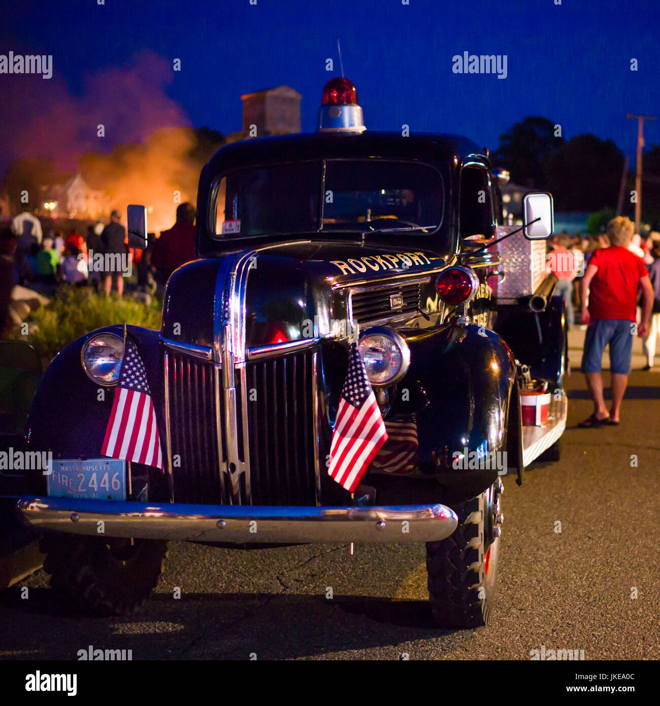 USA, Massachusetts, Cape Ann, Rockport, Fourth of July, Independence Day Bonfire, old fire truck Stock Photo
