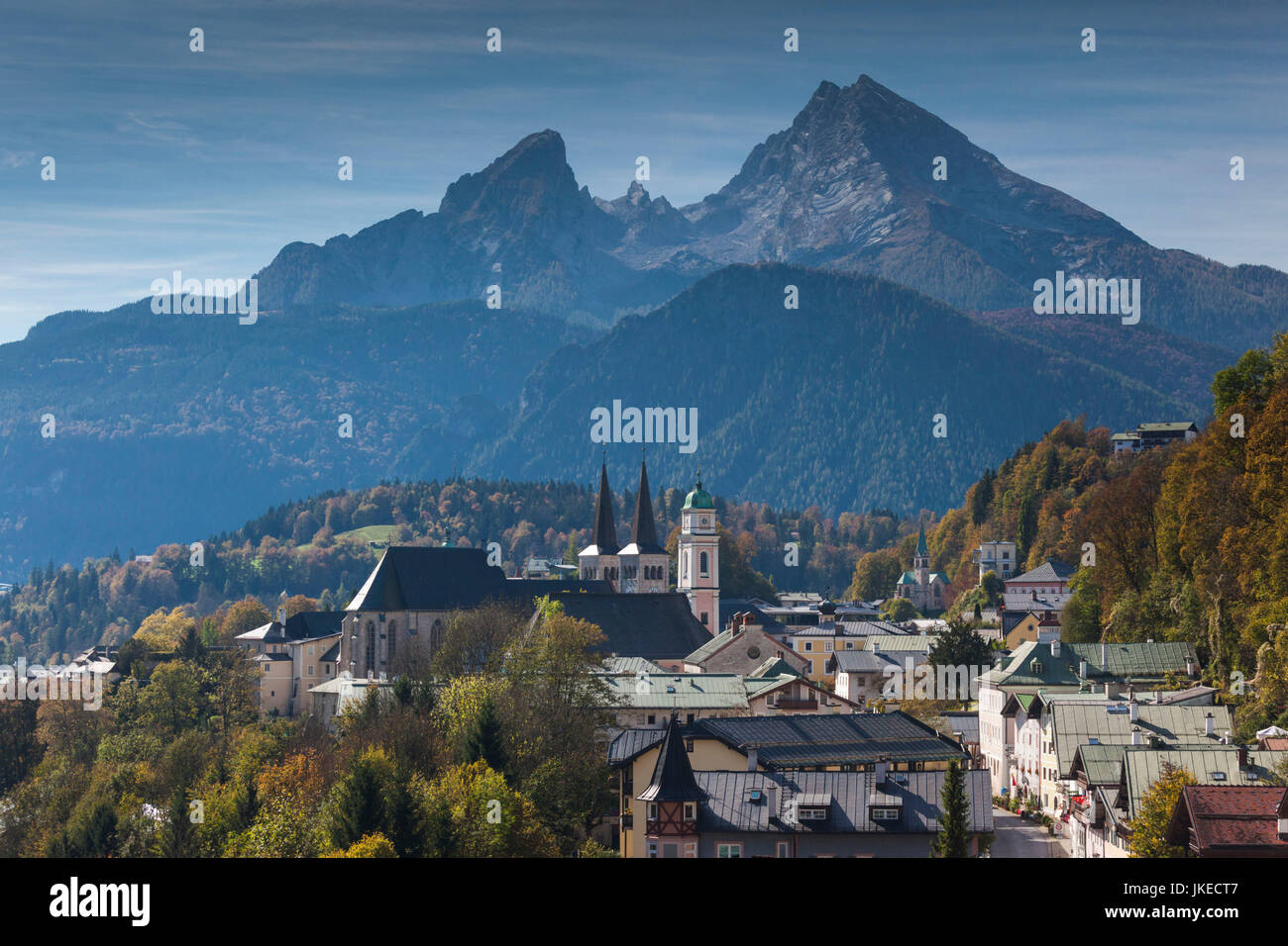 Germany, Bavaria, Berchtesgaden, elevated town view with Watzmann Mountain (el. 2713 meters) Stock Photo