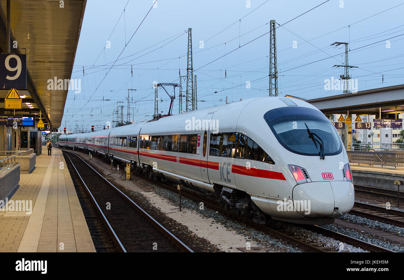 Munich, Germany - August 27, 2014: High-speed electric train ICE T of German rail lines company Deutsche Bahn AG standing at the station Ostbahnhof in Stock Photo