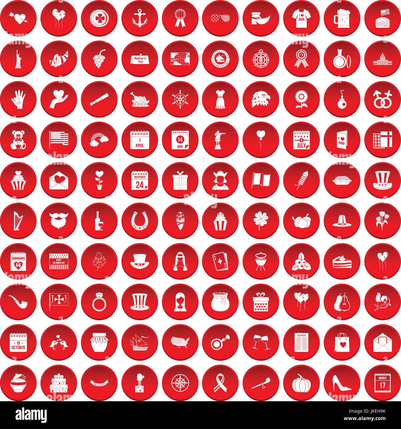 100 calendar icons set red Stock Vector