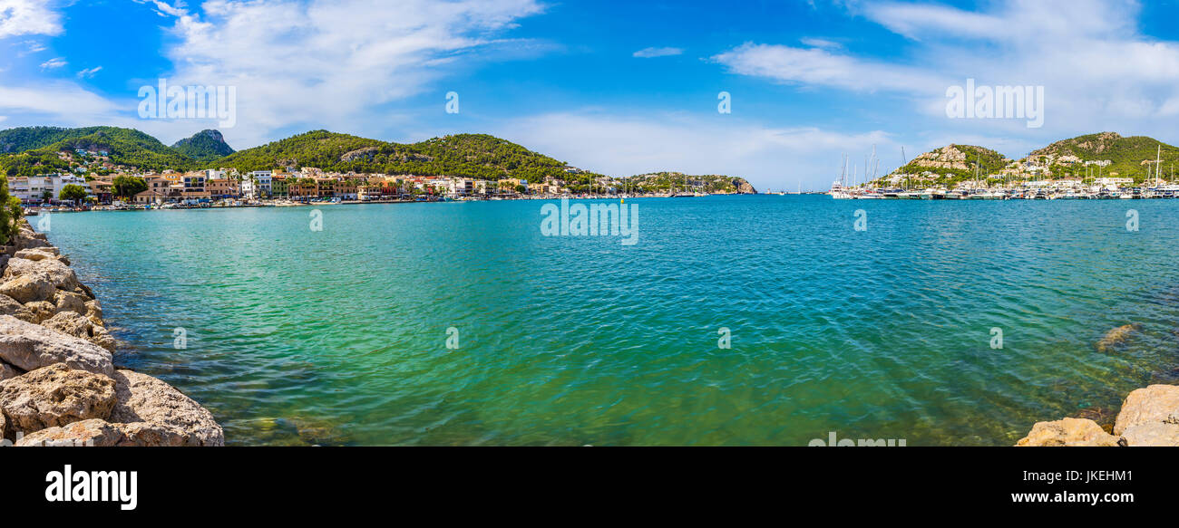 Panoramic view of the harbour in Puerto Andratx (Port d'Andratx), Mallorca, Balearic Islands, Spain, Europe Stock Photo