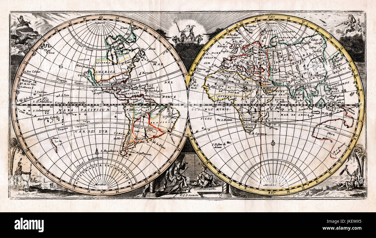 1725 Afferden Map of World in Hemispheres Stock Photo