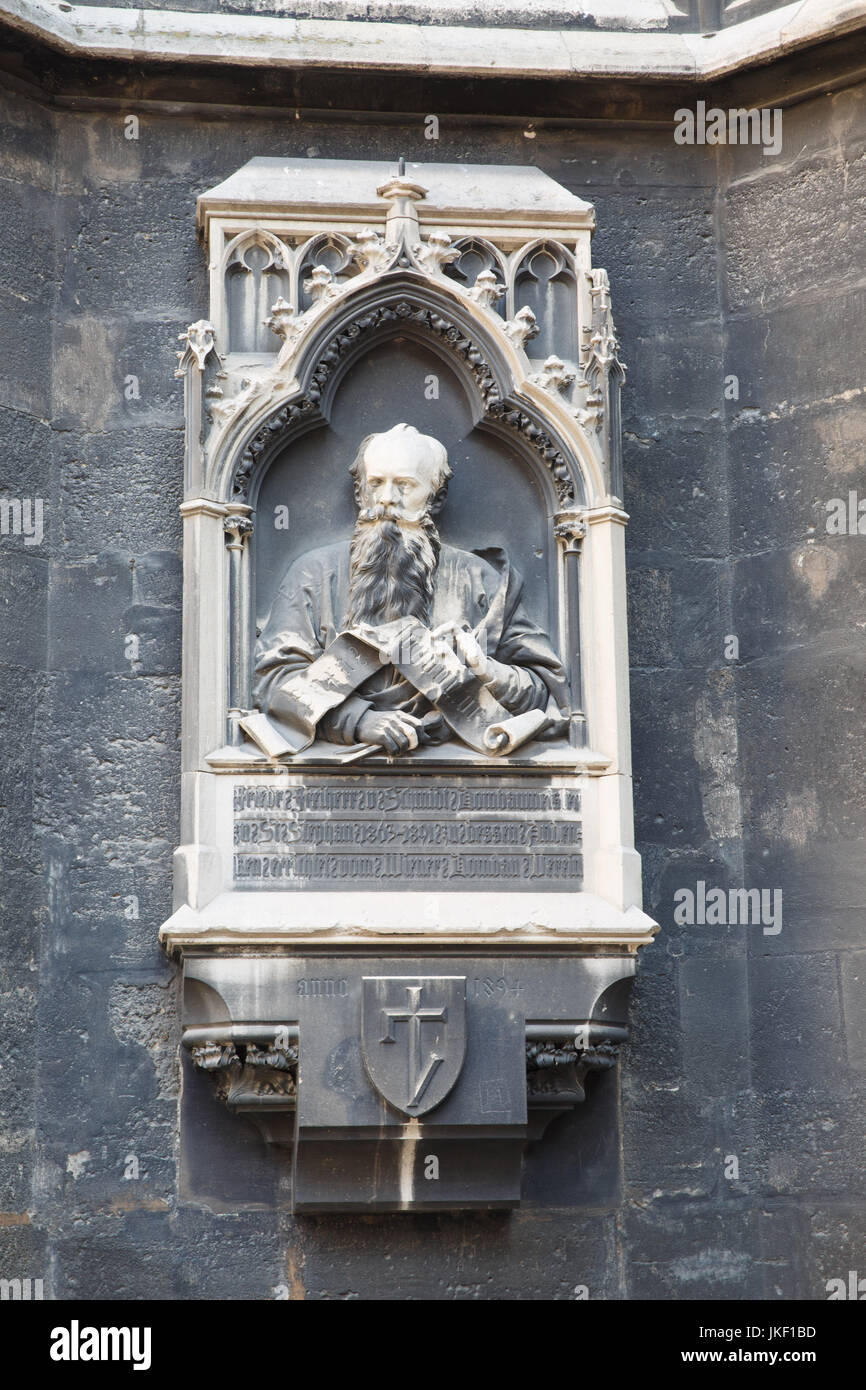 Memorial plaque (circa 1894) of Friedrich von Schmidt on the tower of Cathedral of Saint Stephen in Vienna Austria. Schmidt (1825-1891) was famous arc Stock Photo
