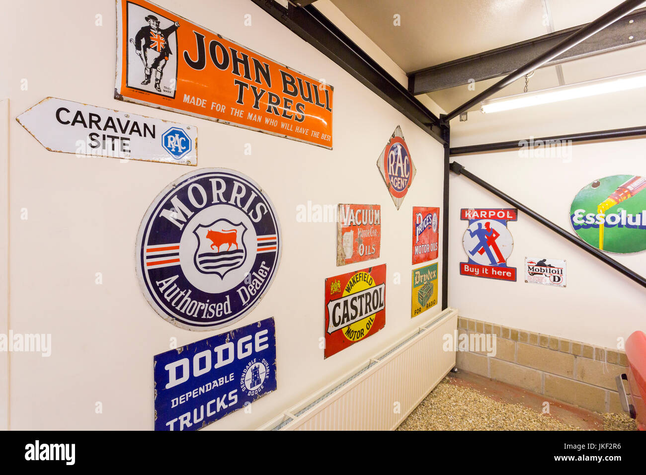 Vintage enamel motoring signs from a bygone era in the Haynes