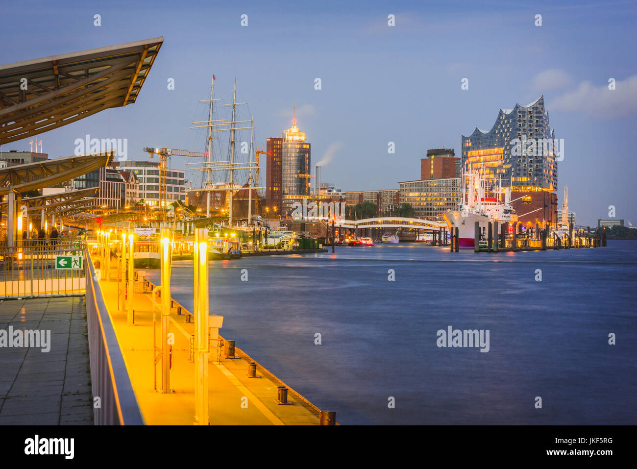 Germany, Hamburg, view from Landing Stages to museum ship Cap San Diego and Elbphilharmonie Stock Photo