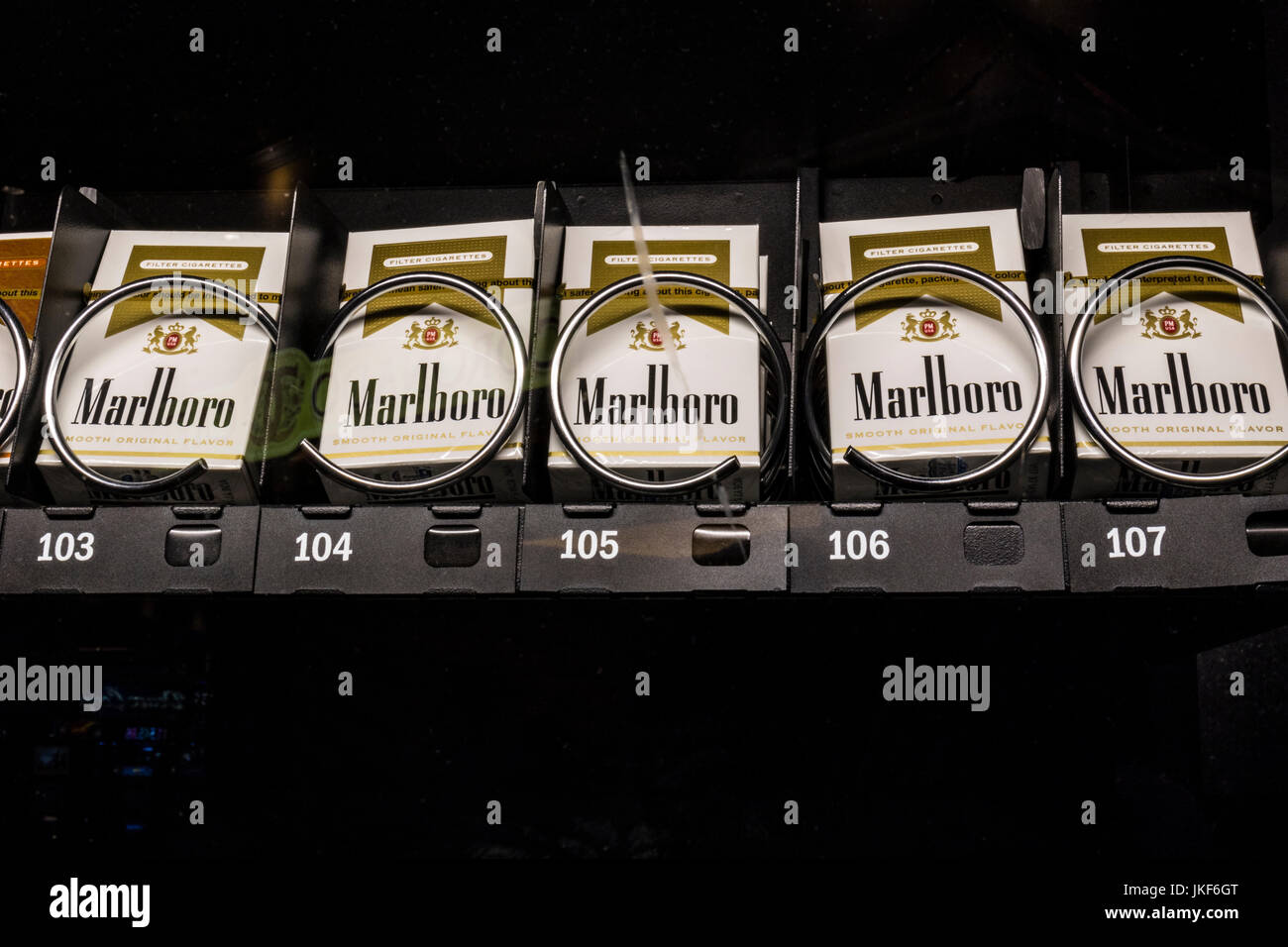 cigarettes in vegas Las Vegas - Circa July 2017: Packs of Marlboro Cigarettes in a vending  machine. Marlboro is a product of the Altria Group II Stock Photo