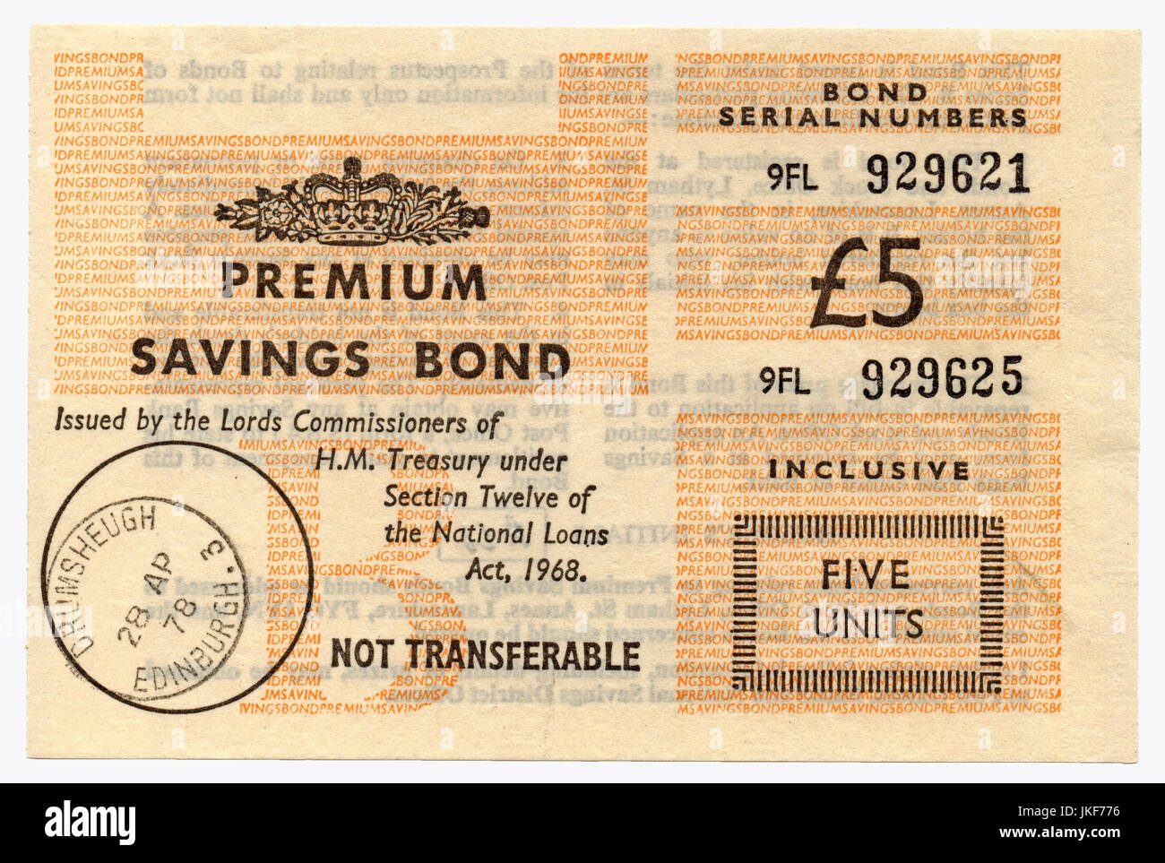 £5 Premium Savings Bond bought in 1978. Stock Photo