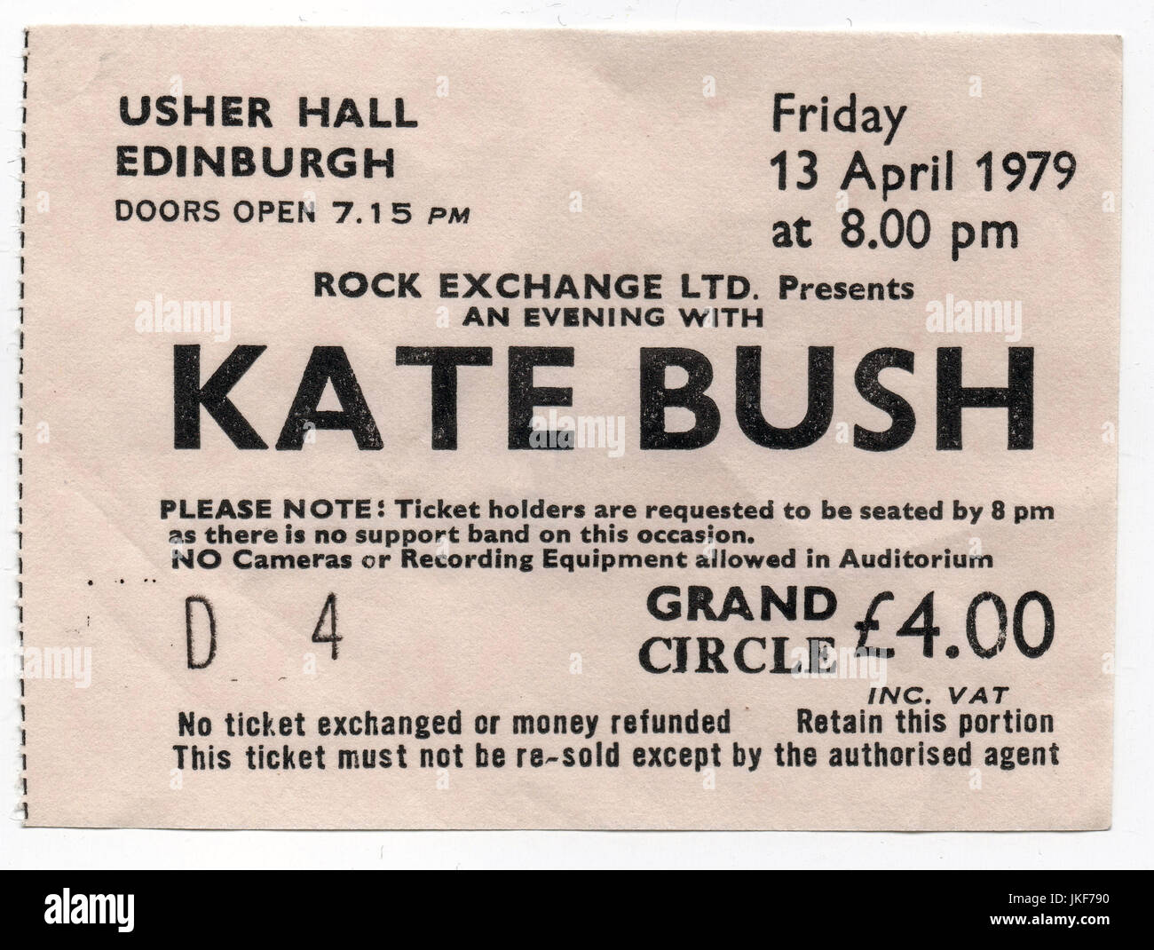 Ticket stub for a Kate Bush concert at the Usher Hall in Edinburgh, 13th April 1979. Stock Photo