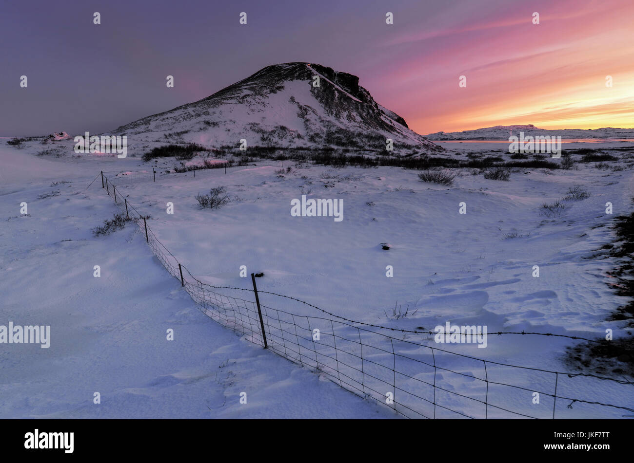 Iceland, Snowy landscape at sunset Stock Photo