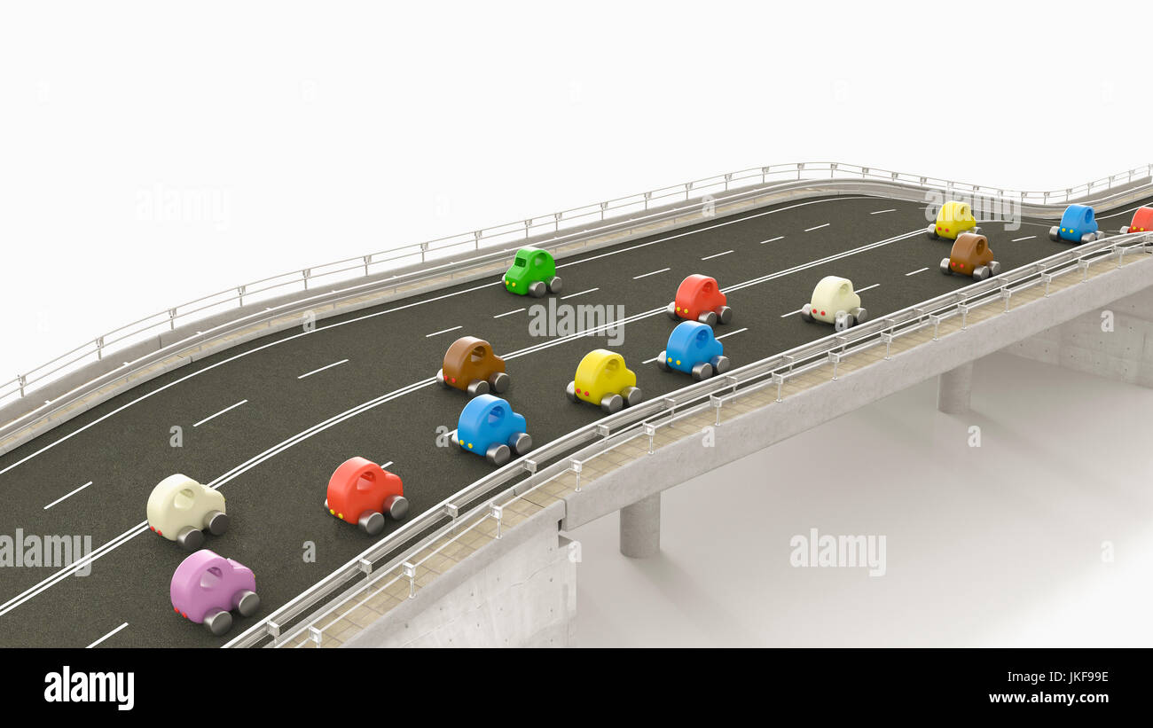 Toy cars on motorway, 3d rendering Stock Photo