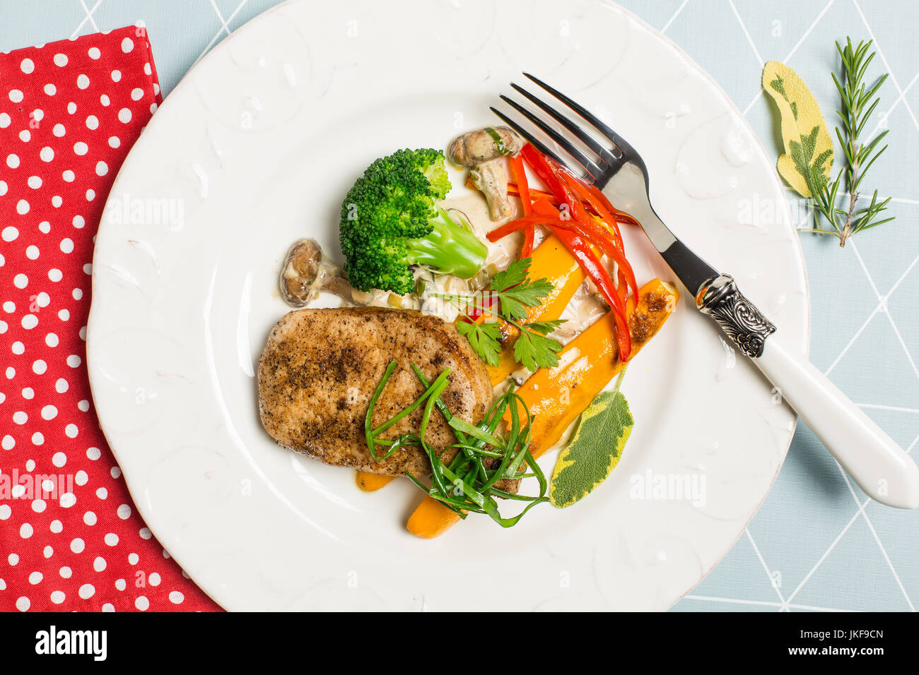 Pork fillets with cream champignon sauce, broccoli, baked zucchini and