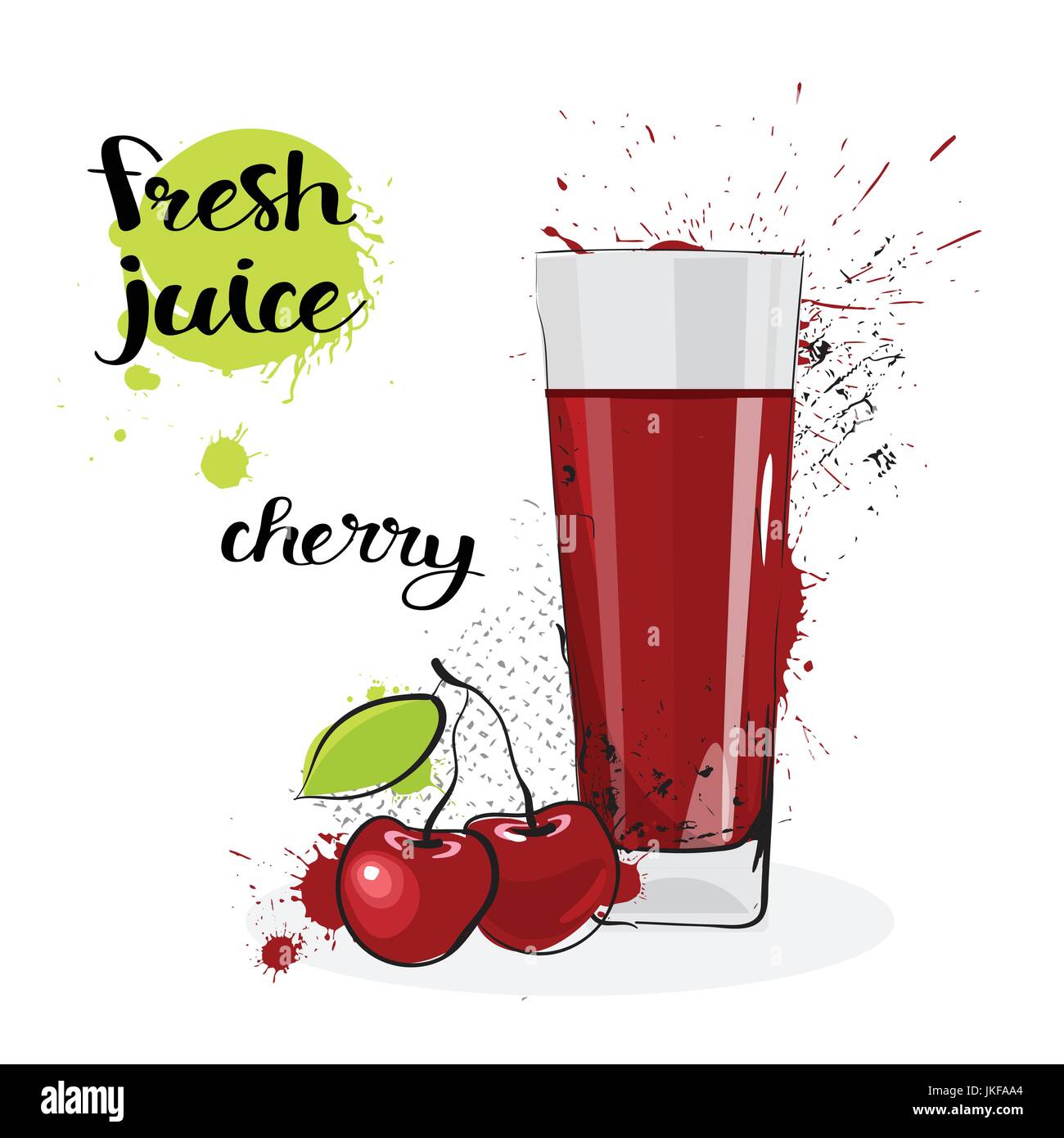 Cherry Juice Fresh Hand Drawn Watercolor Fruit And Glass On White