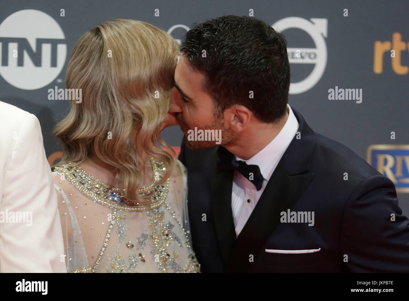 Actors Amaia Salamanca and Miguel Angel Silvestre during photocall the Platino Awards 2017 in Madrid on Saturday 22 July 2017. Stock Photo