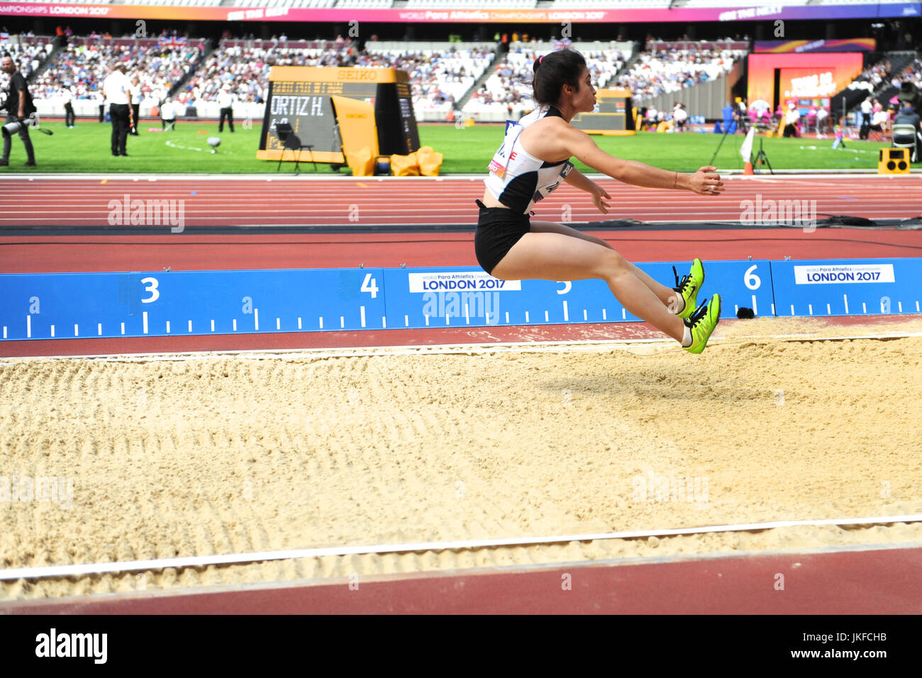 London, UK. 23rd July, 2017. Dilba Tanrikulu (TUR) stretching to land during the Men's Long Jump T11 at the 2017 World Para Athletics Championships in the London Stadium, Queen Elizabeth Olympic Park. Credit: Michael Preston/Alamy Live News Stock Photo
