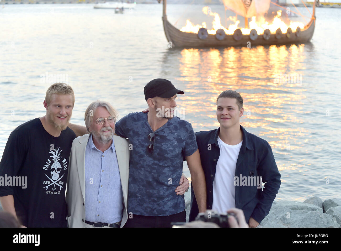 San Diego, California. 21st July, 2017. Alexander Ludwig, Michael Hirst, Gustaf Skarsgard and Alex Hogh Andersen of HISTORY'S 'Vikings' attend the Viking Funeral Ceremony at San Diego Comic Con 2017 on July 21, 2017 in San Diego, California. | usage worldwide Credit: dpa/Alamy Live News Stock Photo