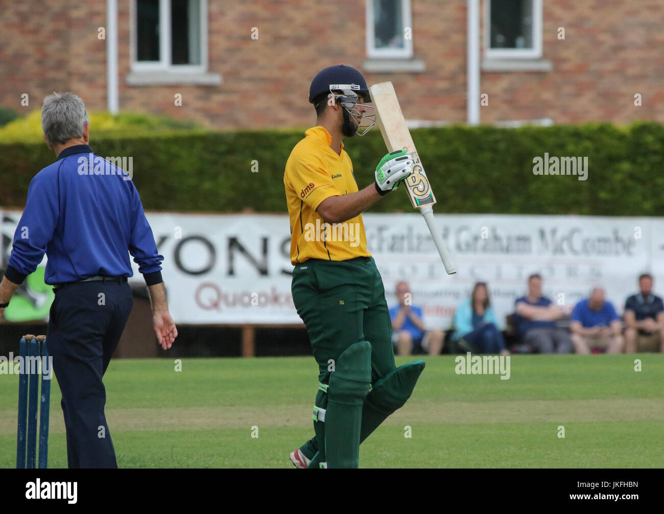 The Lawn, Waringstown, Northern Ireland, UK. 23rd July, 2017. The Lagan Valley Steels Twenty 20 Cup Final 2017.Waringstown retained the trophy with a 26 run win over North Down in today's final. Ruhan Pretorius celebrates his 50 for North Down. Credit: David Hunter/Alamy Live News Stock Photo