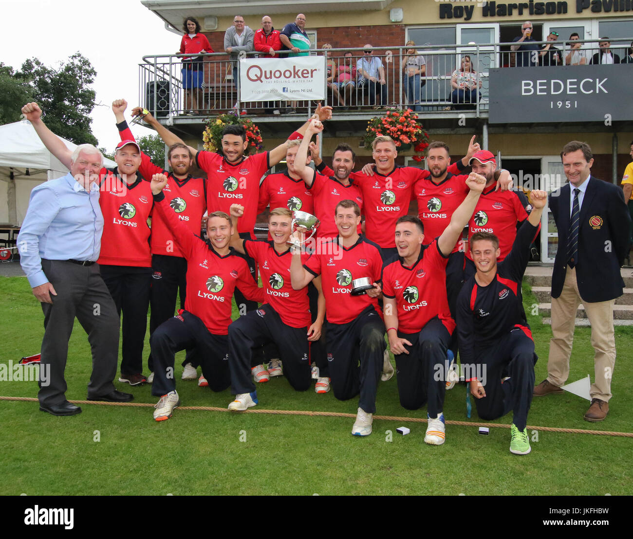 The Lawn, Waringstown, Northern Ireland, UK. 23rd July, 2017. The Lagan Valley Steels Twenty 20 Cup Final 2017.Waringstown retained the trophy with a 26 run win over North Down in today's final. Waringstown celebrate their cup win. Credit: David Hunter/Alamy Live News Stock Photo