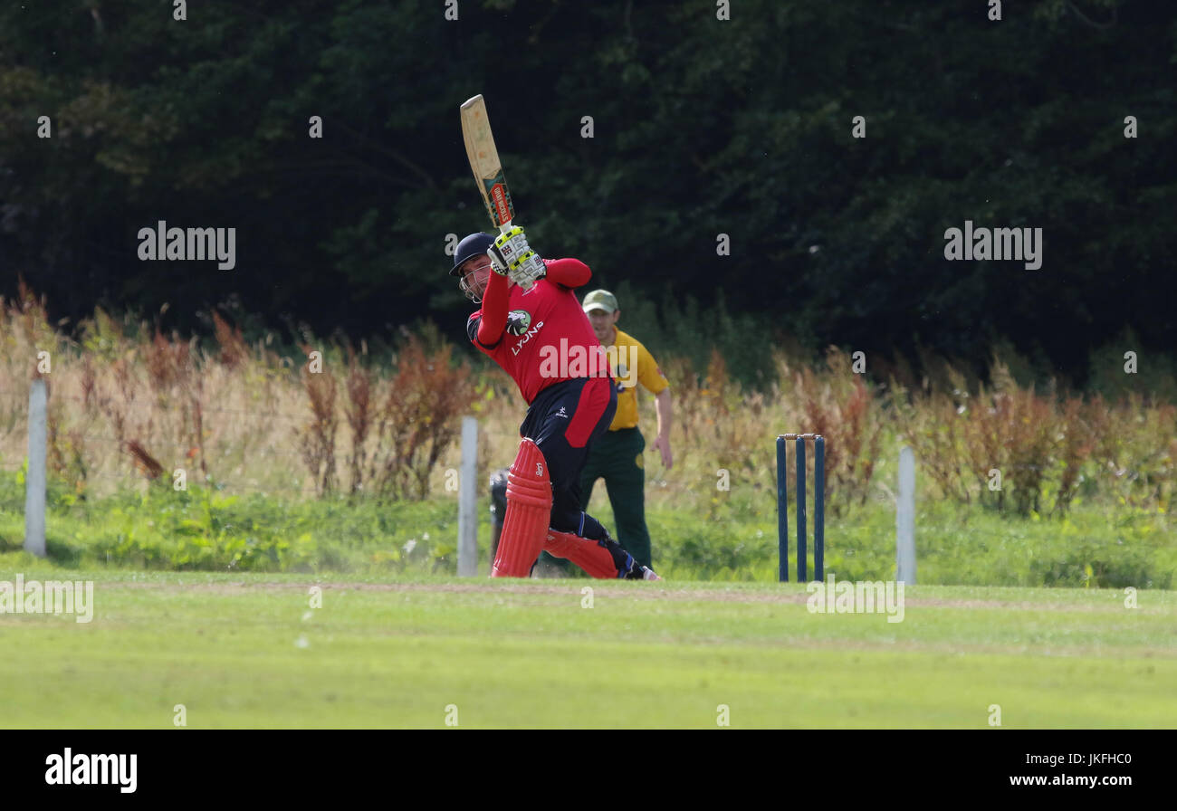 The Lawn, Waringstown, Northern Ireland, UK. 23rd July, 2017. The Lagan Valley Steels Twenty 20 Cup Final 2017. Waringstown retained the trophy with a 26 run win over North Down in today's final. James Hall played this stroke to record his century. Credit: David Hunter/Alamy Live News Stock Photo