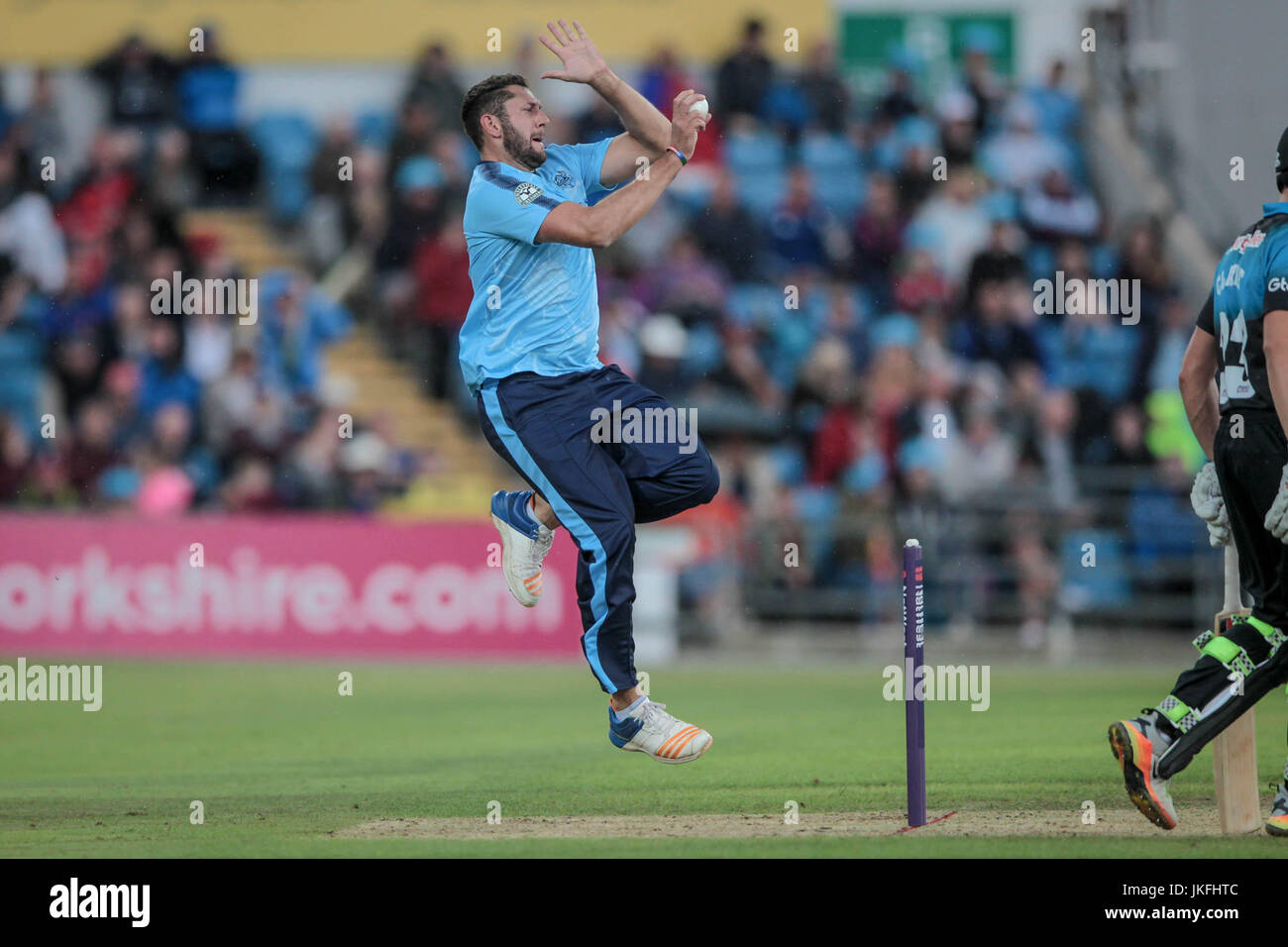 Headingley, UK. 23rd July, 2017. Tim Bresnan (Yorkshire CCC) in the air as he bowls during the Natwest T20 Blast game between Yorkshire Vikings v Worcestershire Rapids on Sunday 23 July 2017. Photo by Mark P Doherty. Credit: Caught Light Photography Limited/Alamy Live News Stock Photo