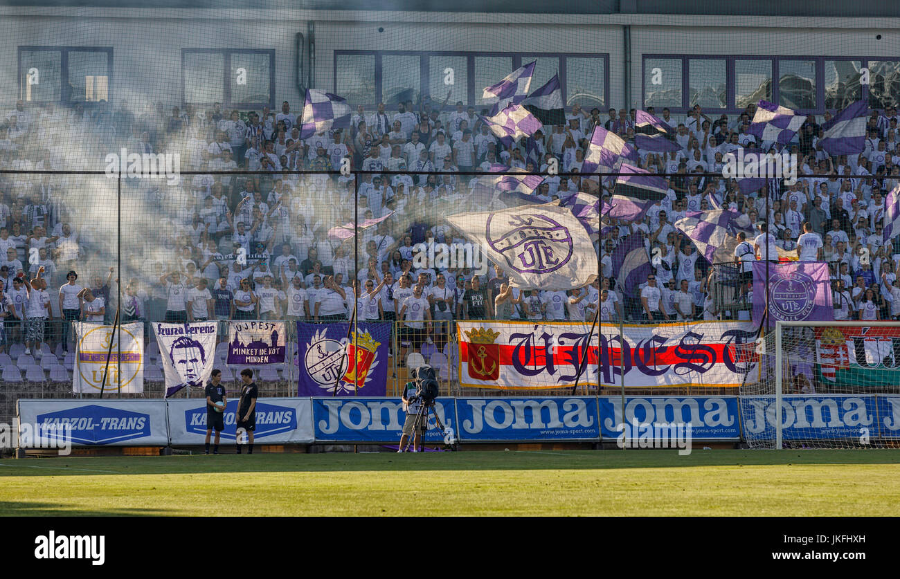 Budapest Hungary 23rd July 2017 The Ultras Of Ujpest Fc Flutter The Flag With Old Badge Of The Club Prior To The Hungarian Otp Bank Liga Match Between Ujpest Fc And Ferencvarosi