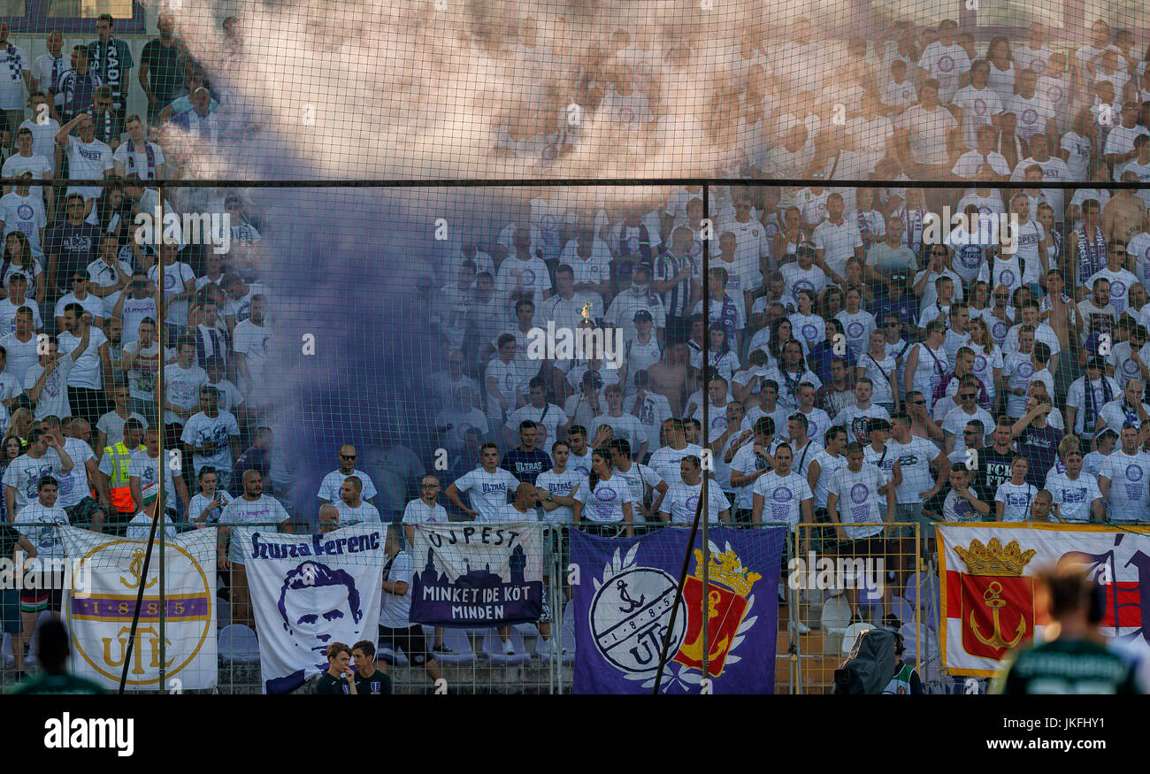 Budapest, Hungary. 23rd July, 2017. The ultras of Ujpest FC blow up a smoke bomb during the Hungarian OTP Bank Liga match between Ujpest FC and Ferencvarosi TC at Ferenc Szusza Stadium on July 23, 2017 in Budapest, Hungary. Credit: Laszlo Szirtesi/Alamy Live News Stock Photo