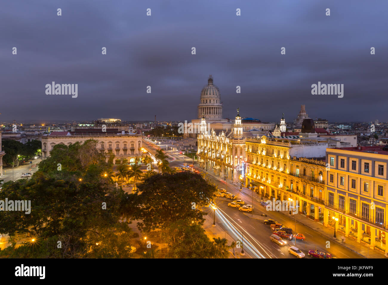 Night view of El Capitolio, Gran Teatro de la Habana, Parque Central and La Habana Vieja, Old Havana  from above, Havana, Cuba Stock Photo