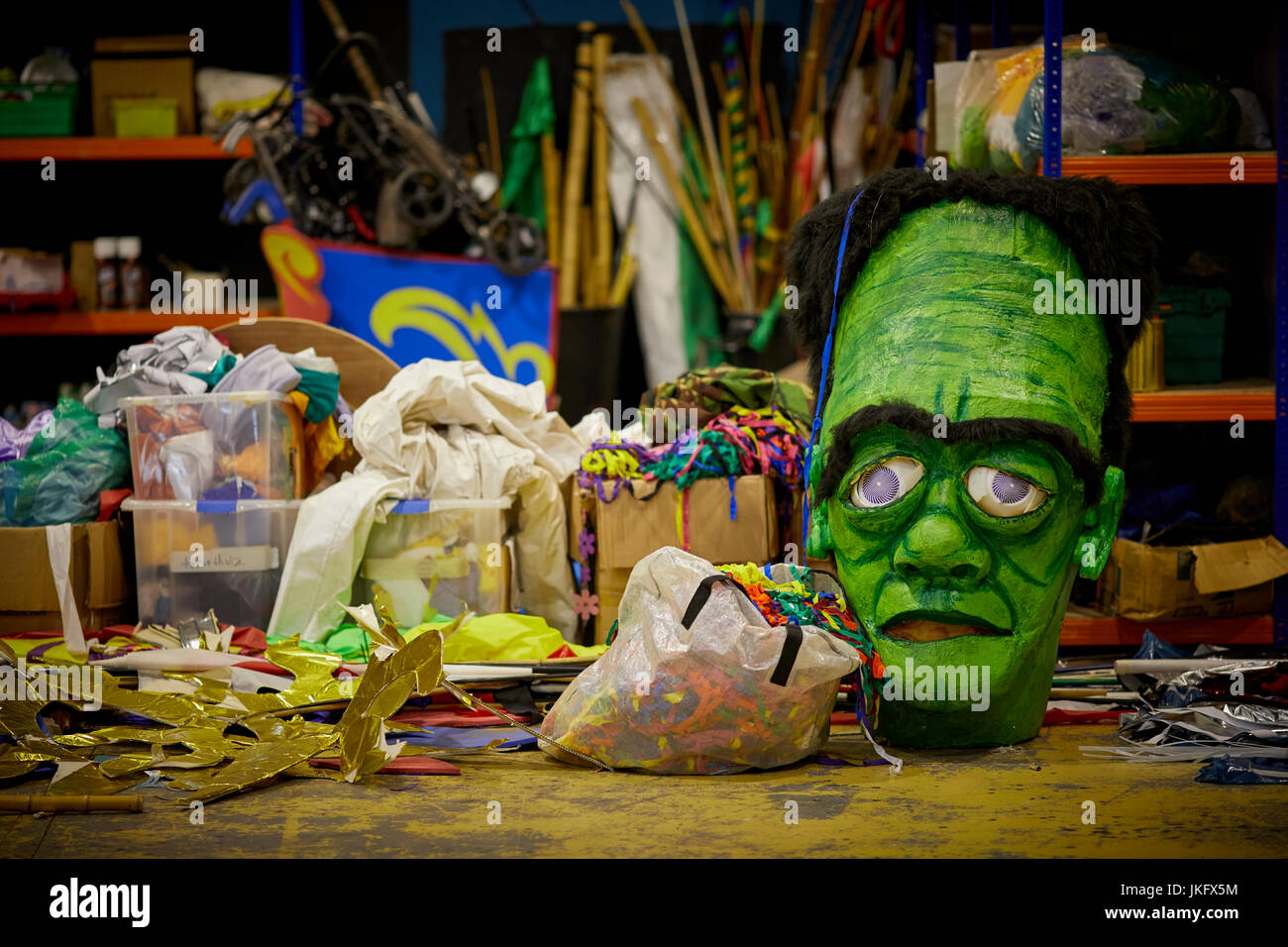 Frankenstein paper mache head in the workshops of Walk the Plank for the Manchester Day Parade 2017 Stock Photo
