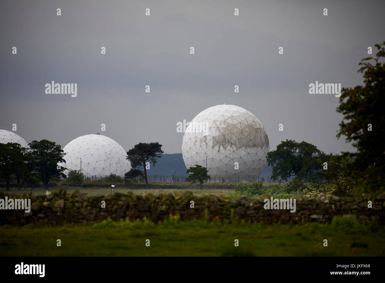 Royal Air Force Menwith Hill station near Harrogate, North Yorkshire, England, largest electronic monitoring station in the world, Radomes visible ove Stock Photo