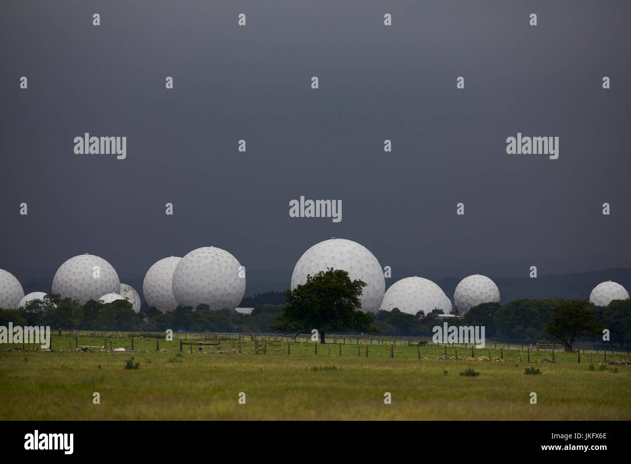 Royal Air Force Menwith Hill station near Harrogate, North Yorkshire, England, largest electronic monitoring station in the world, Radomes visible ove Stock Photo