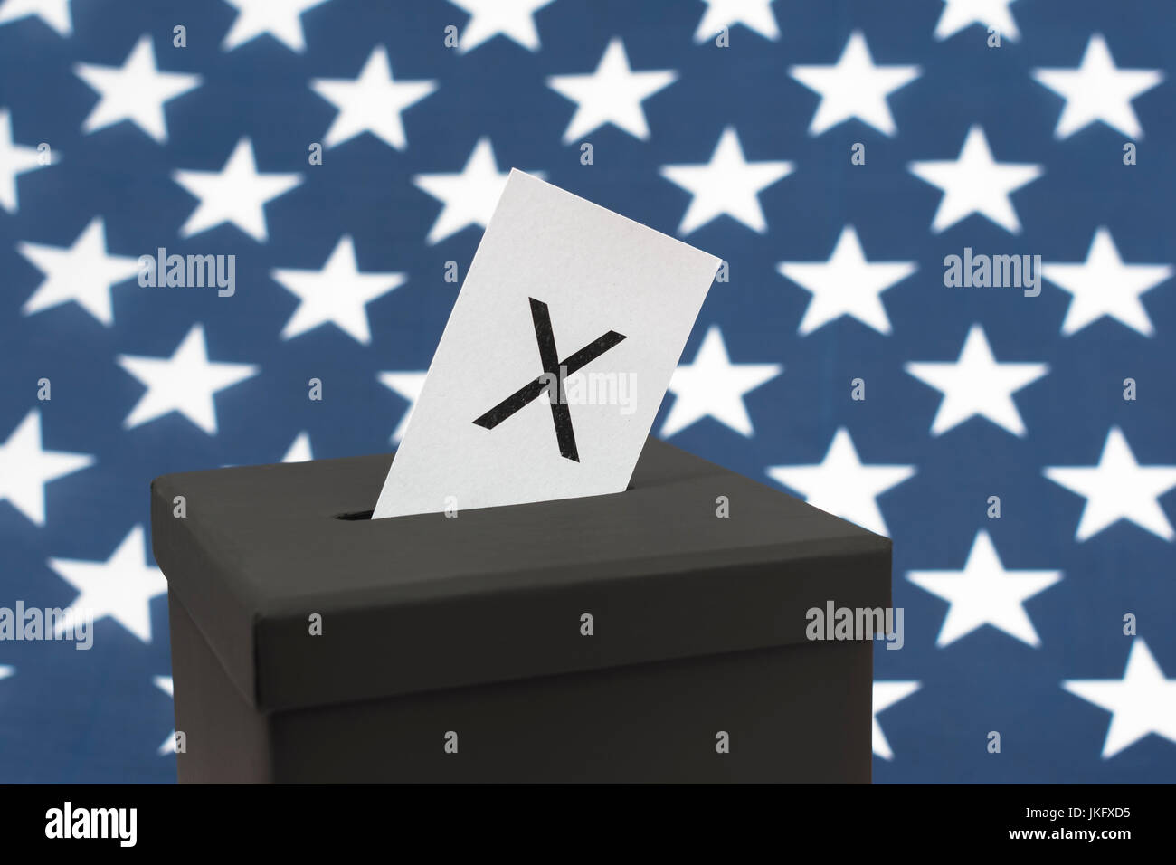 Black ballot box + American  US Stars and Stripes. US Presidential, midterm elections, US Primaries, 2024 U.S. Elections, voter turnout, election USA Stock Photo