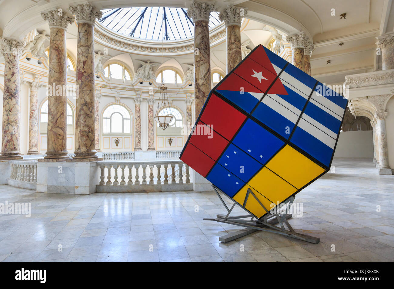 The Gran Teatro de La Habana Alicia Alonso, interior architecture with Cuban flag art exhibit, Havana, Cuba Stock Photo