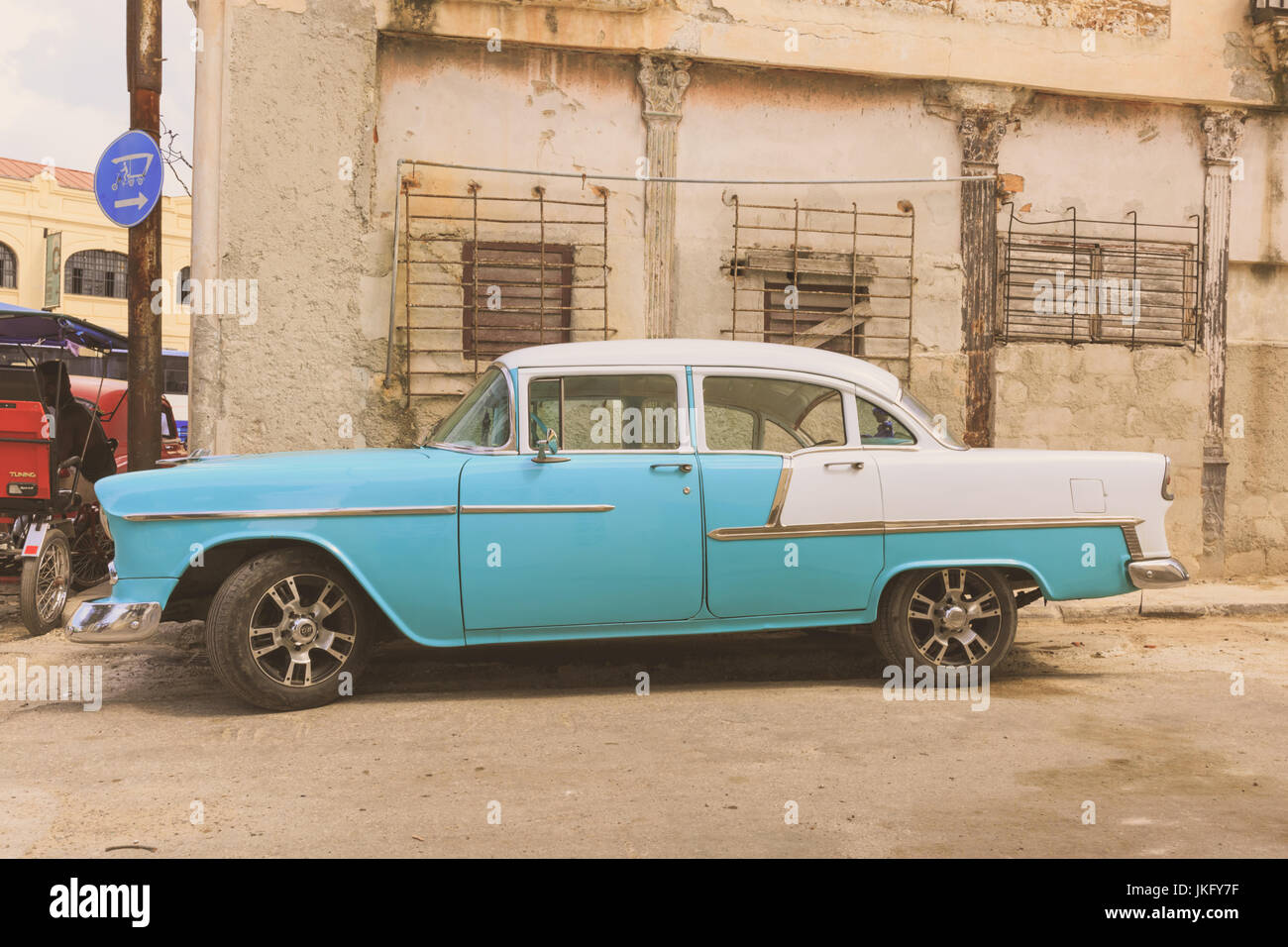 Blue American classic car in street, Old Havana, Cuba Stock Photo