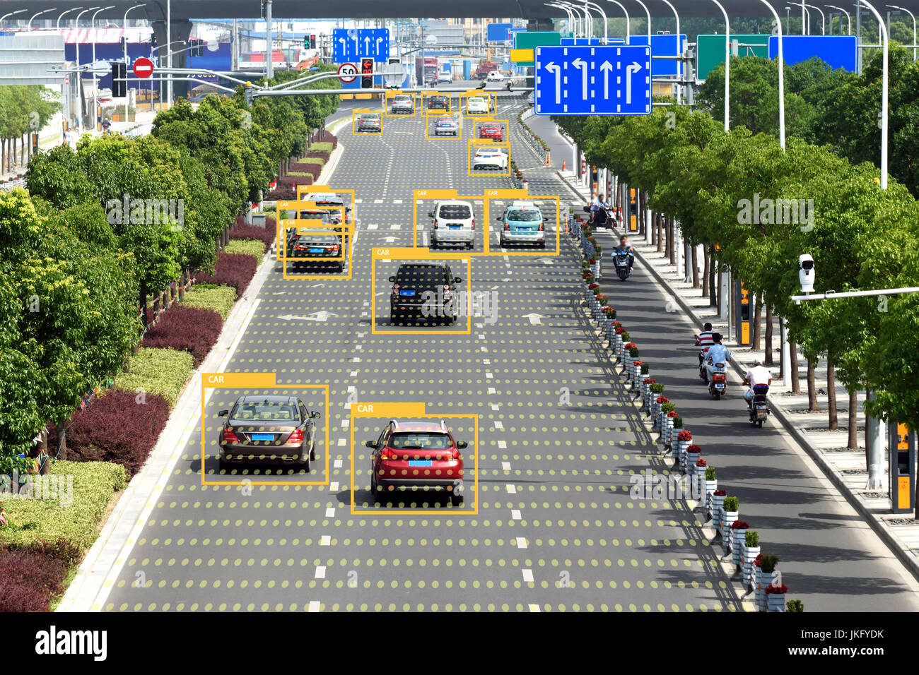 Machine learning analytics identify vehicles technology , Artificial intelligence concept. Software ui analytics and recognition cars vehicles in city Stock Photo