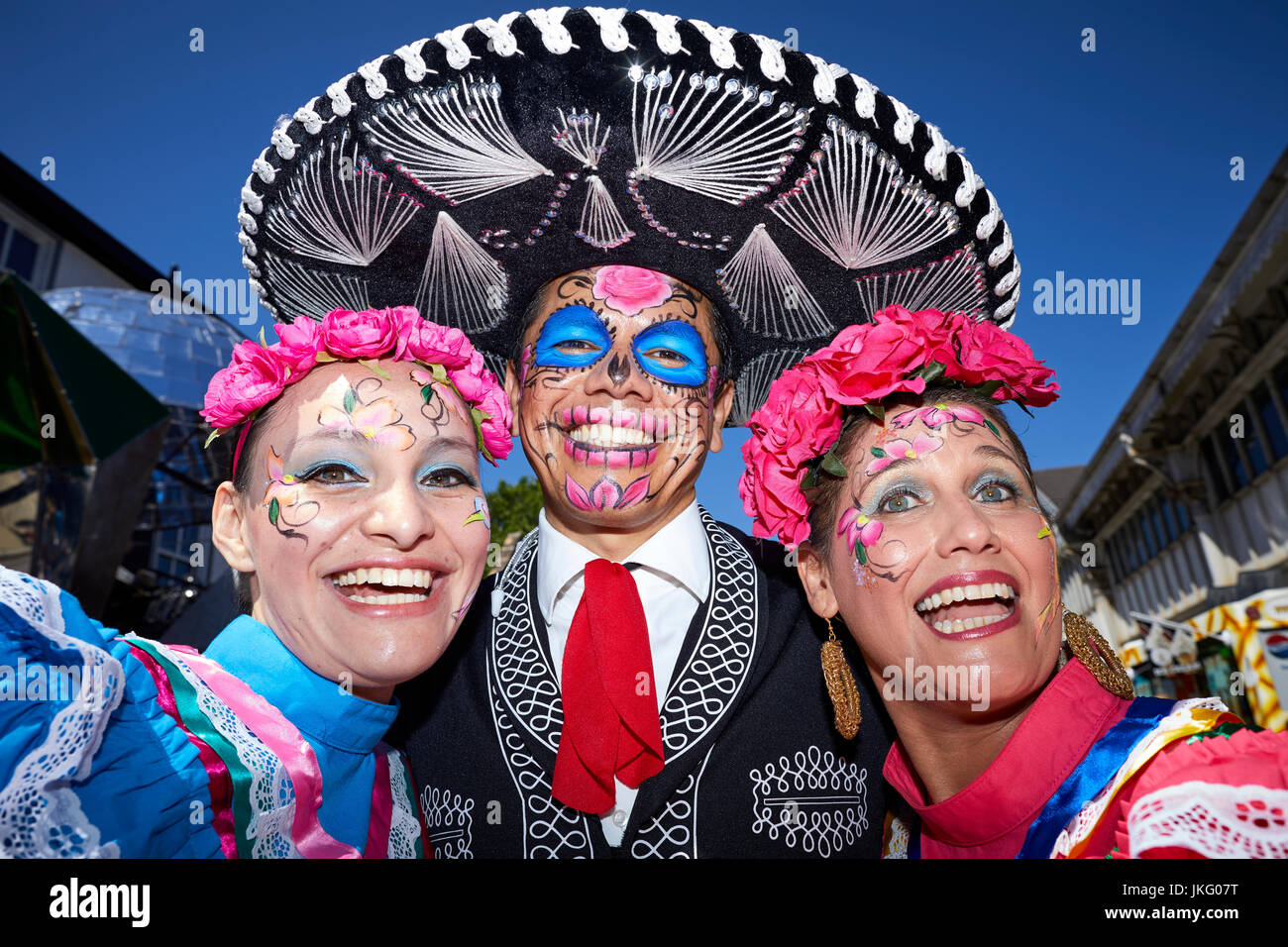 MANCHESTER DAY 2017   Sonia - Armando and Magaly part of Colibri Mexican Folk Dancers Stock Photo