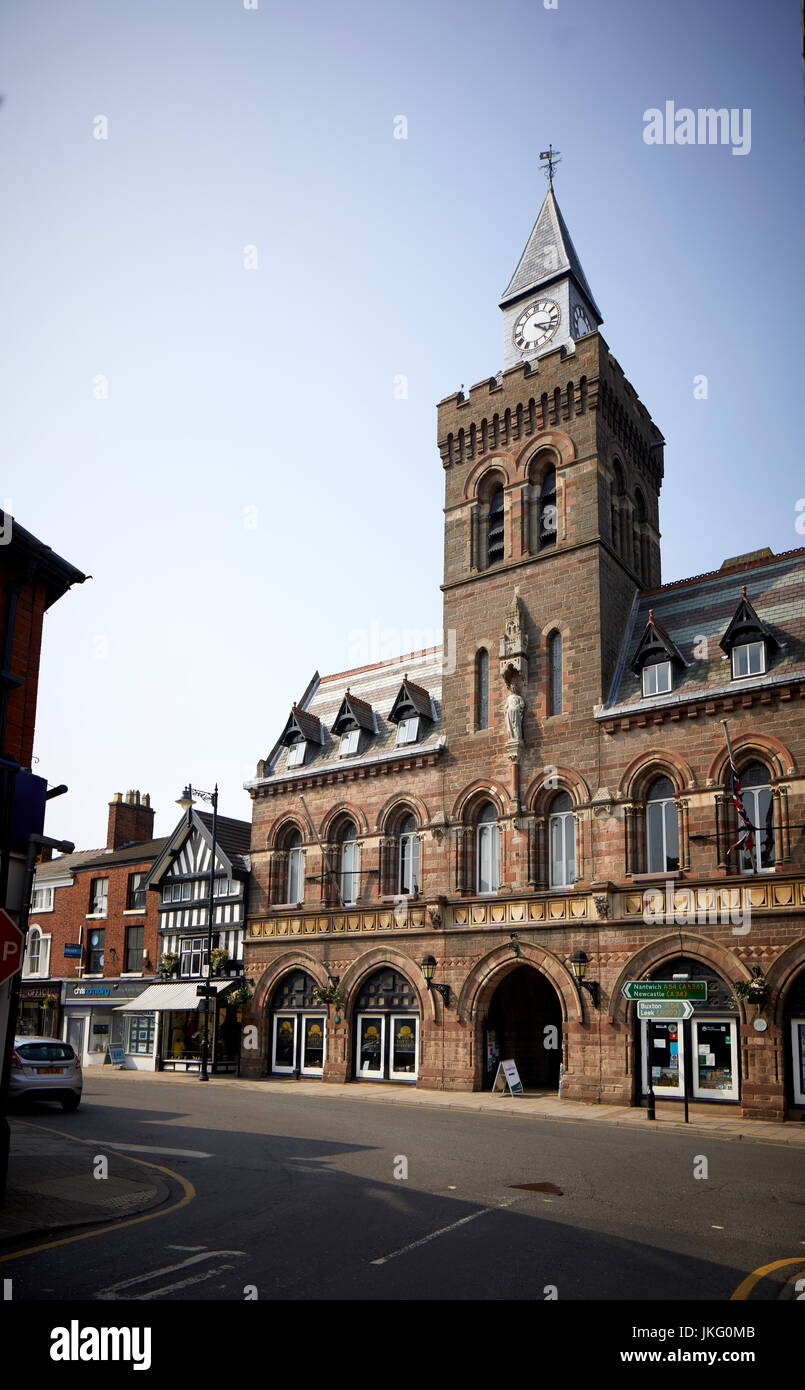 The historic clock tower  town hall completed 1866,  Congleton Town Centre, Cheshire East, England. Stock Photo
