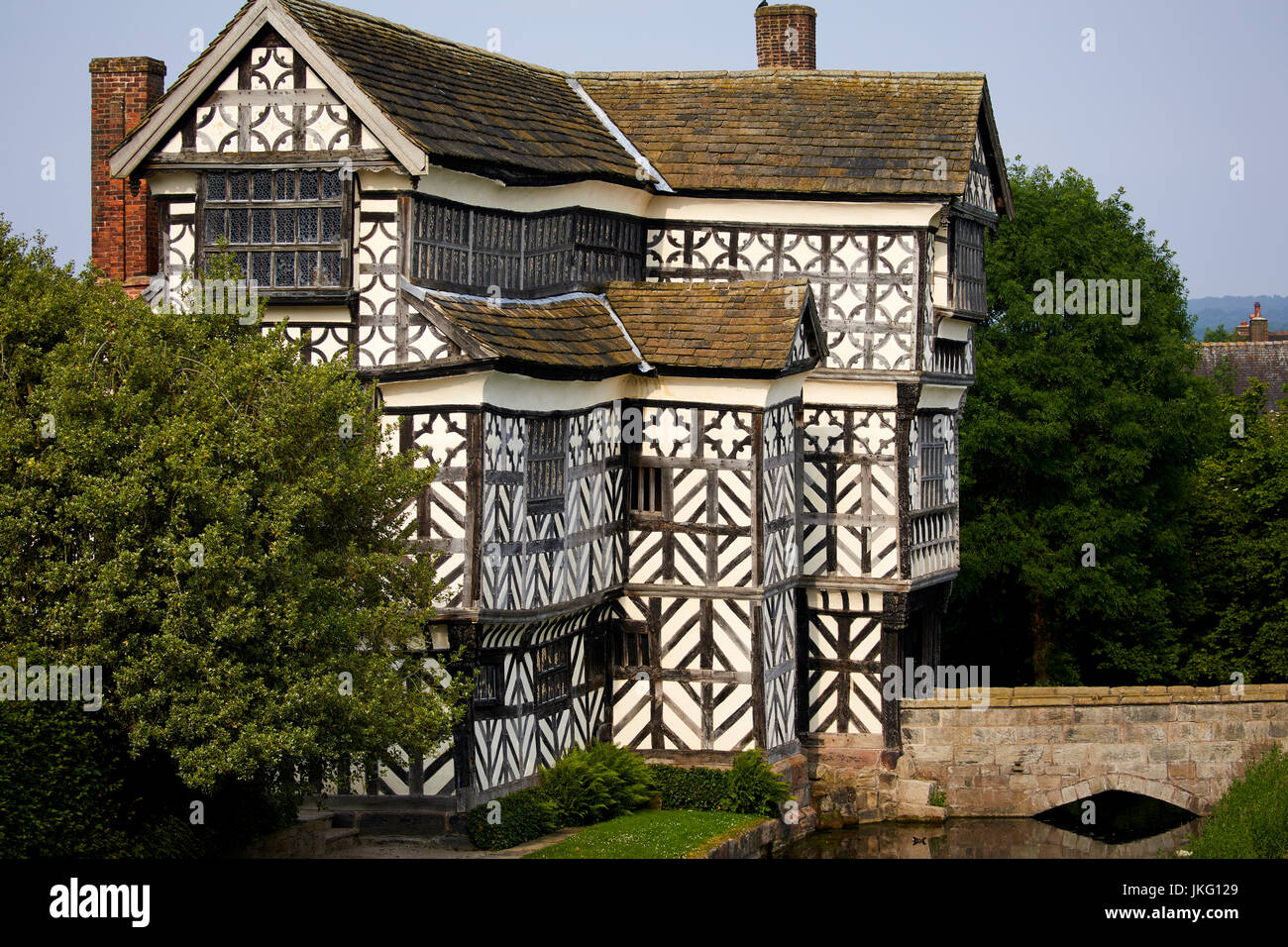 Little Moreton Hall, or Old Moreton Hall, moated half-timbered tudor manor house, Congleton, Cheshire East, England. Stock Photo