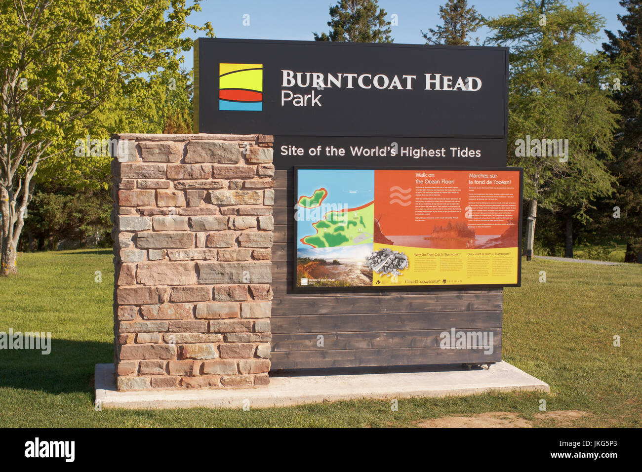 BURNTCOAT HEAD, CANADA - JUNE 07 2017: Nova Scotia Provincial Park sign. Burntcoat Head is a rural community in Nova Scotia and has some of the highes Stock Photo