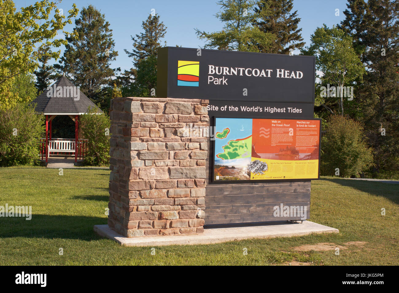 BURNTCOAT HEAD, CANADA - JUNE 07 2017: Nova Scotia Provincial Park sign. Burntcoat Head is a rural community in Nova Scotia and has some of the highes Stock Photo