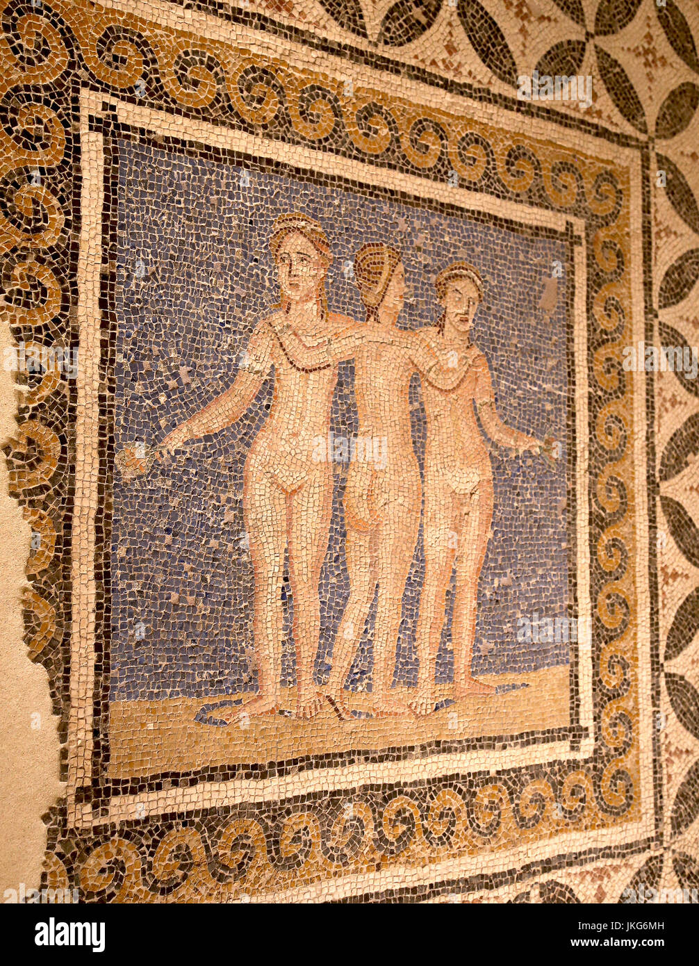 Mosaic of Three Graces. Roman culture, Opus Tessellatum, marble of different colors and glass paste. 3rd Century AD. Teaching Convent, Barcelona. Stock Photo