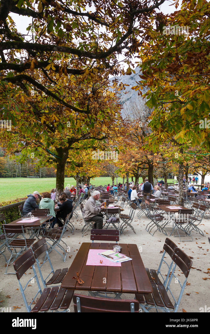 Germany, Bavaria, Koenigssee, St. Bartholomae, outdoor cafes, fall Stock Photo