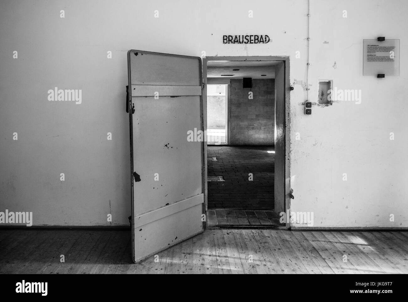 Germany, Bavaria, Munich - Dachau, WW-2 era Nazi concentration camp, crematorium building, gas chamber disguissed as shower room Stock Photo