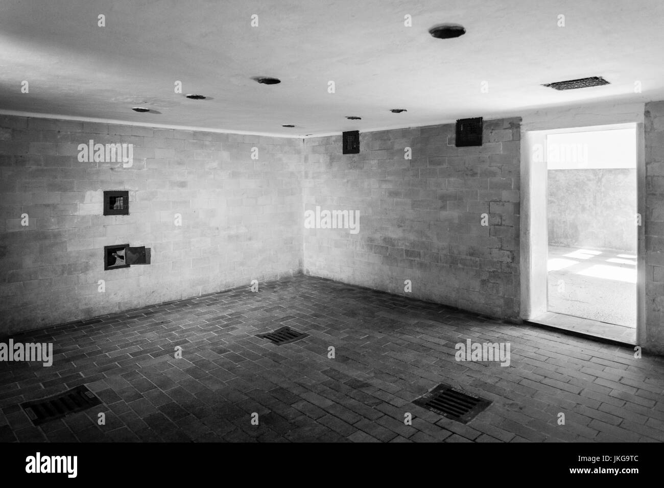 Germany, Bavaria, Munich - Dachau, WW-2 era Nazi concentration camp, crematorium building, gas chamber disguissed as shower room Stock Photo