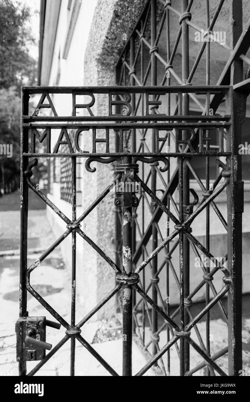 Germany, Bavaria, Munich - Dachau, WW-2 era Nazi concentration camp, entrance gate with the the inscription, Arbeit Macht Frei, Work sets you free Stock Photo
